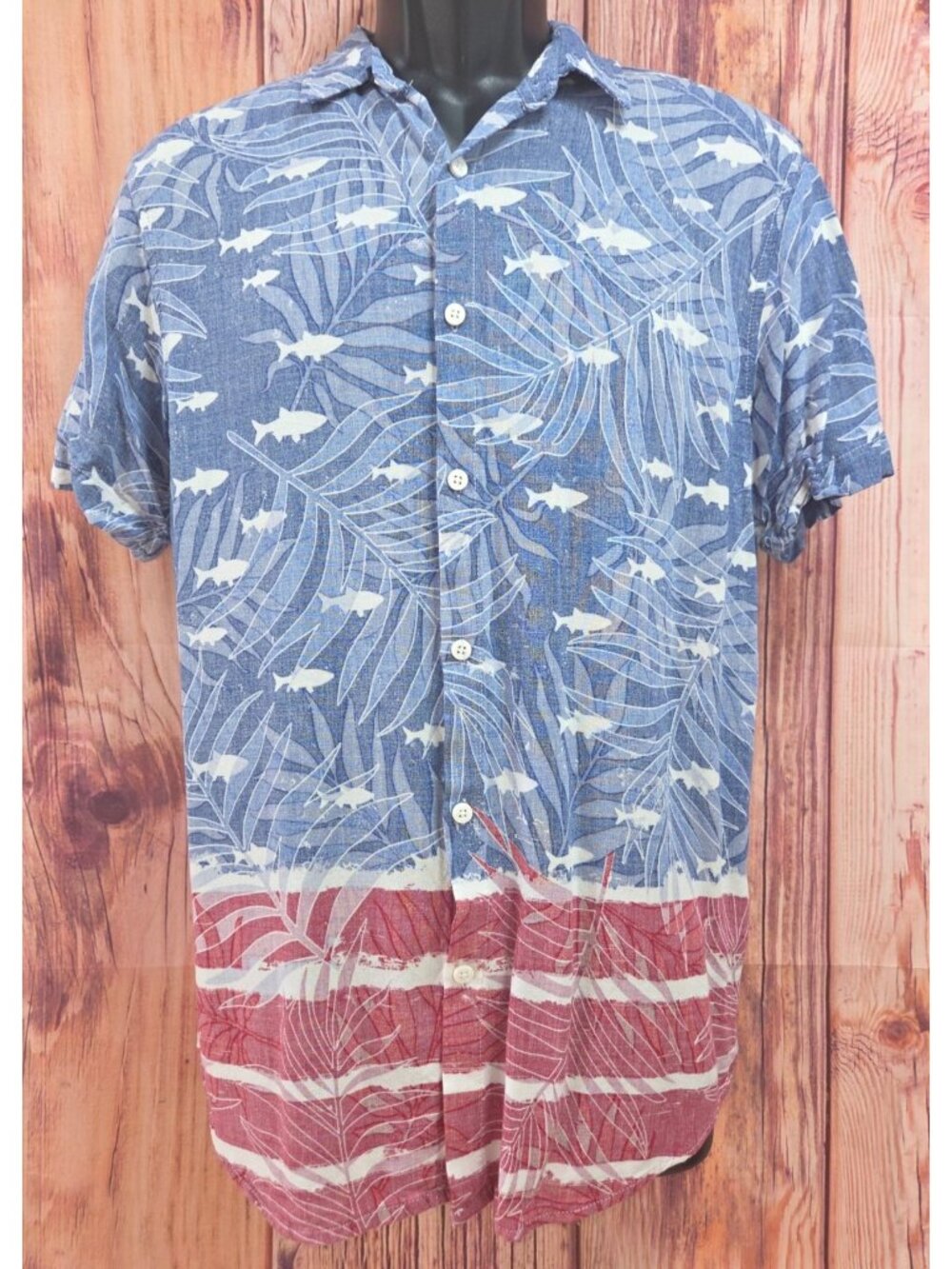 Ron Jon Surf Shop Mens Blue-Red Tropical Fish Rayon Shirt Medium